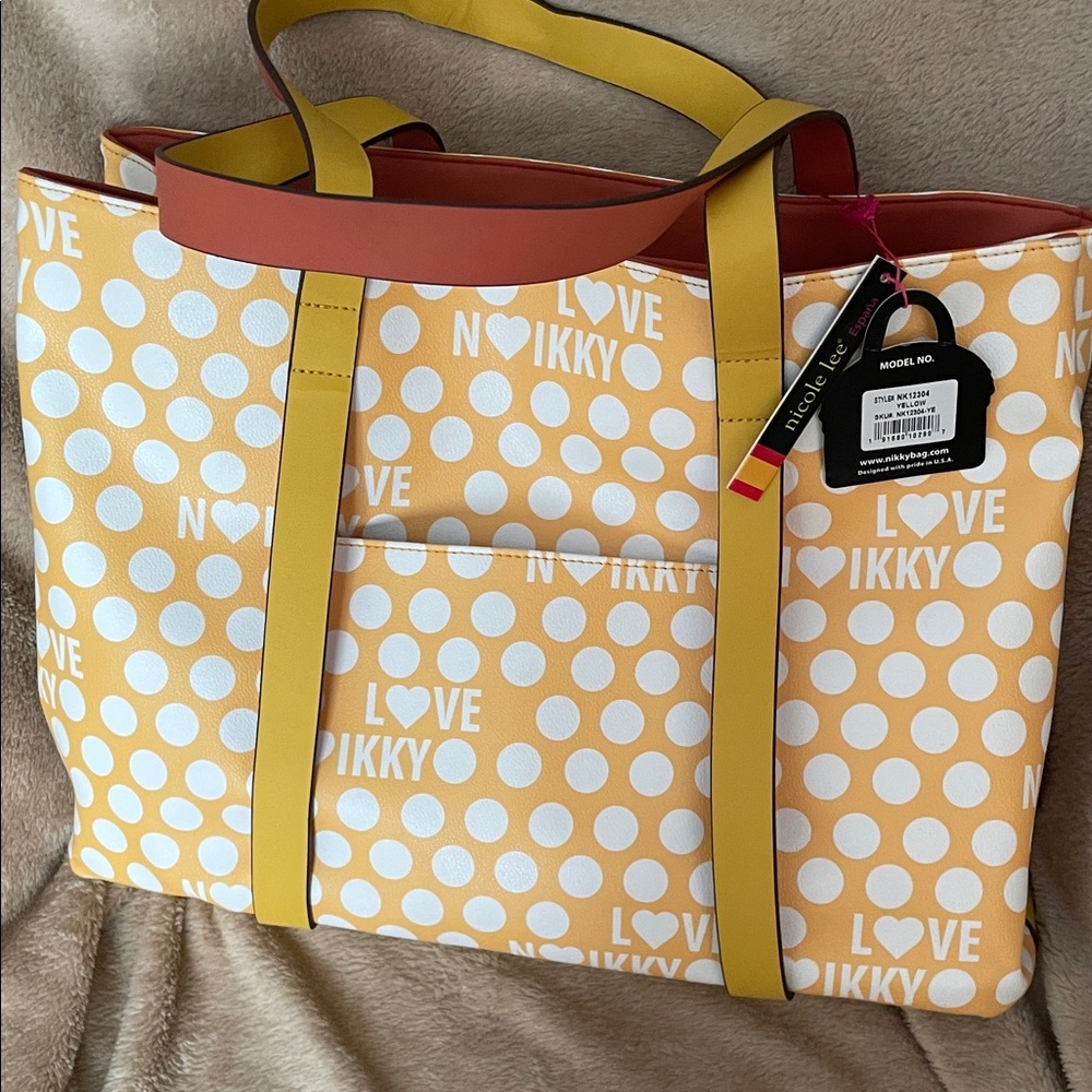Nicole Lee Yellow Polka Dot Tote with pink polka dots and brown Interior - Picture 3 of 3
